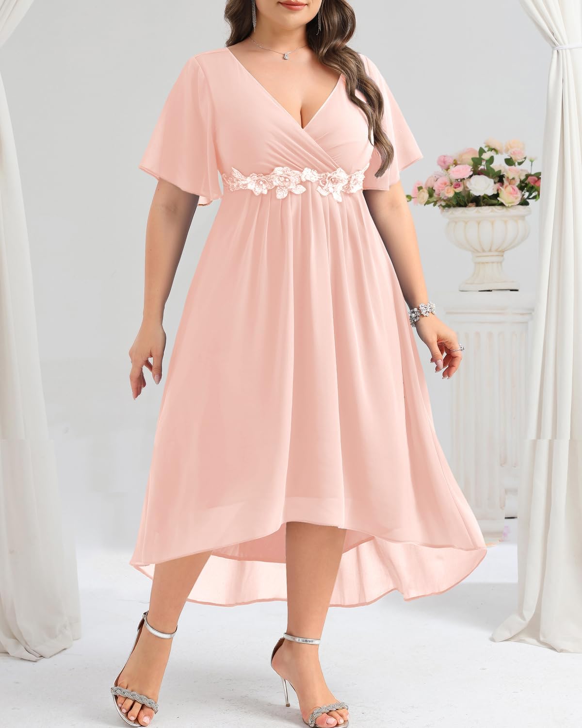 Plus Size Pink Dress Formal Wedding Guest Bridesmaid Mother of Bride Chiffon V Neck Short Sleeve High Low Dresses Women - Image 4