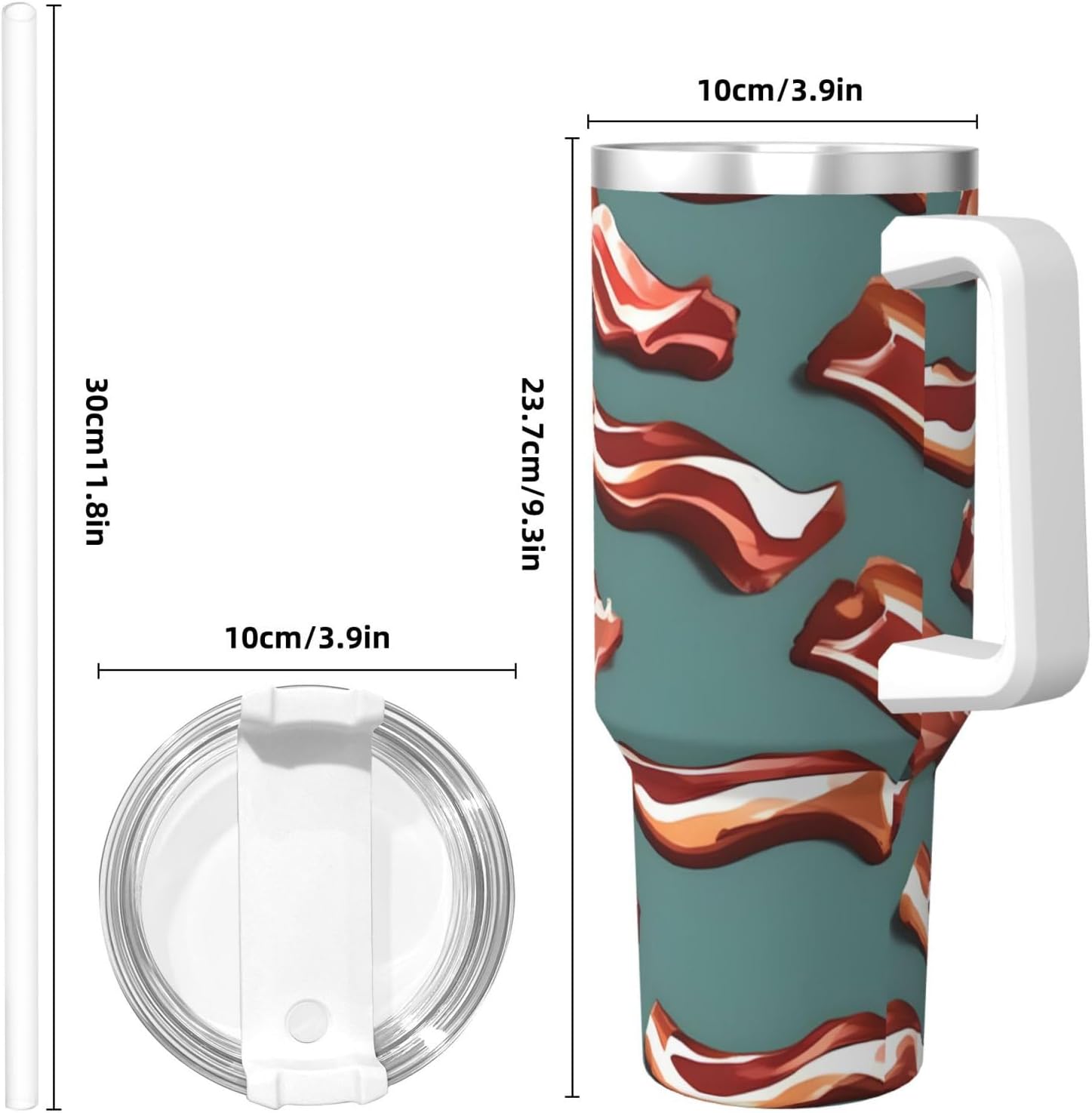40 OZ Streaky Bacon Pattern Print Ice Bully Cup with Handle Straw Lid Straw,Stainless Steel Tumbler Coffee Cup