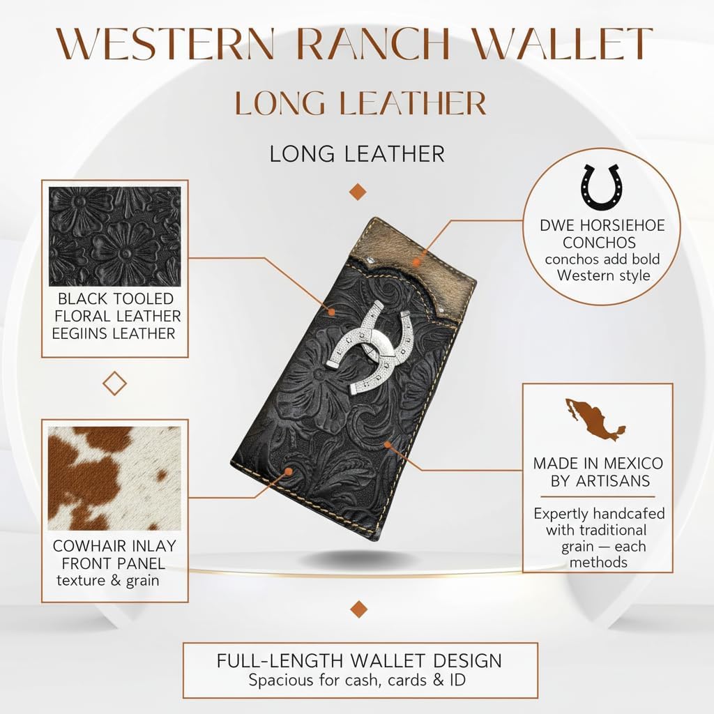 Men’s Western Long Leather Wallet - Black Floral Tooled Rodeo Billfold with Cowhair Inlay & Silver Horseshoe Conchos - Handcrafted Made in Mexico - Image 7