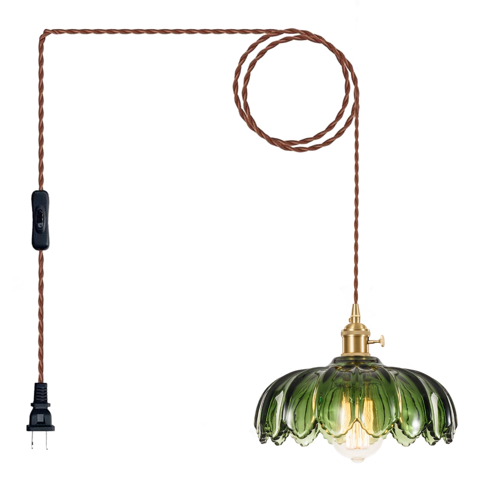 Plug in Pendant Light Fixture: Green Glass Hanging Lamp Kitchen Pendant Lighting, Pendant Lights for Kitchen Island, Bedroom, Dining Room, Living Room, E26 No Bulb