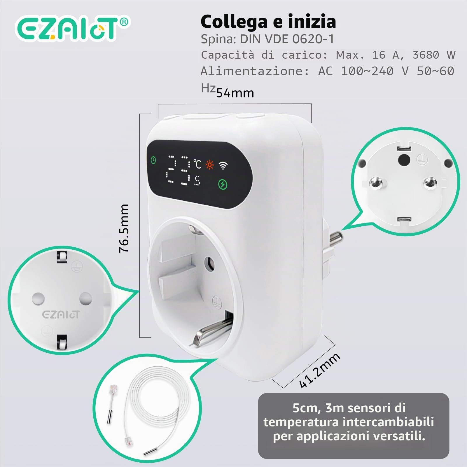 Termostato da presa WLAN - riscaldamento/raffreddamento/timer, incl. sensore da 3 m e 5 cm, regolatore di temperatura intelligente, 230V, controllo wireless, per serra, acquario