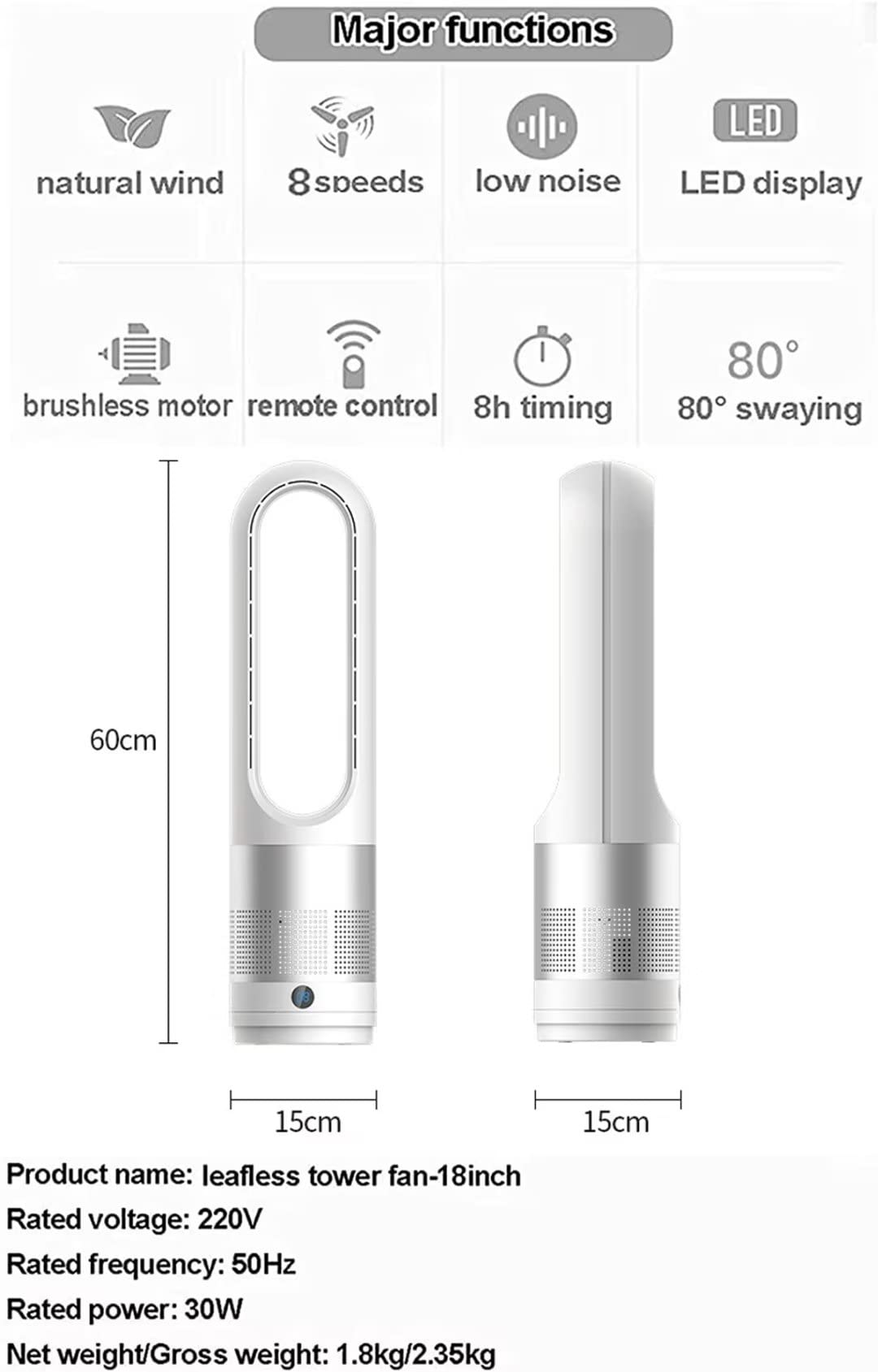 2 w 1 Oczyszczacz powietrza i bezostrzowy wentylator wieżowy, 80 ° Oscylująca podłoga i z pilotem zdalnego sterowania, 8 prędkości, 8 H Timer, LED Touch Sn, 31 cali dla biura domowego