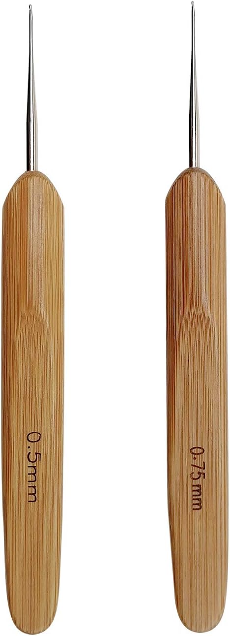2pcs Dreadlocks Crochet Hooks for Hair, Locs Crochet Needle Steel Crochet Hook Lock for Braid Craft, (0.5mm and 0.75mm), Bamboo Handle