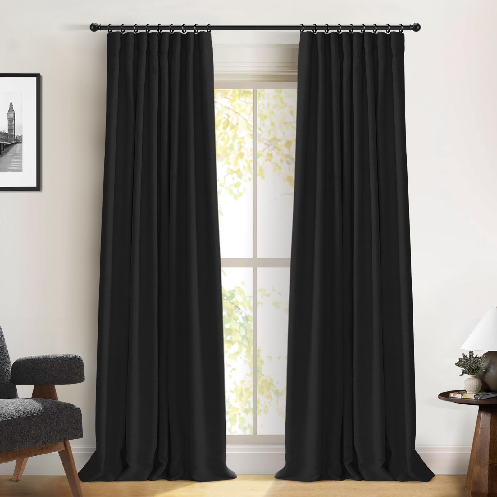 100% Blackout Shield Full Blackout Curtains for Bedroom 102 inch Length 2 Panels Set, Clip Rings/Rod Pocket Faux Linen Black Out Curtains for Living