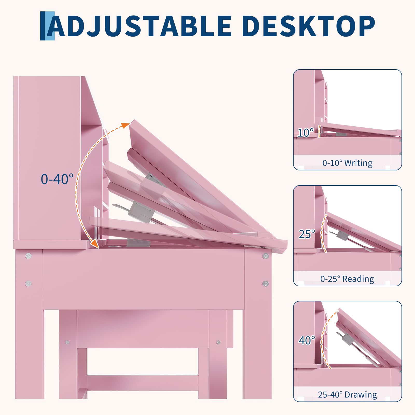 Garvee Kinderschreibtisch mit Hocker Set, Neigungsverstellbare Tischplatte 0-40°, Schreibtisch Kinder mit Pinnwand & 2 Schubladen, Rosa Lerntisch Mädchen für Schreiben Malen Lesen, MDF