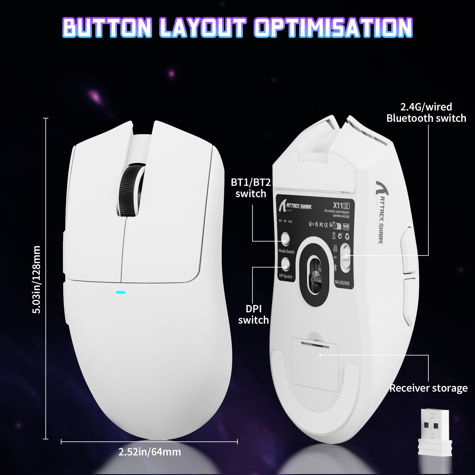 ATTACK SHARK X11SE Souris de Jeu sans Fil, Ultra-légère, 63g, avec Capteur PixArt PAW3311, 22000 PPP, Trimode BT/2,4GHz/Filaire, 1000 Hz, Batterie 300 mAh, Double Pilote, pour PC/Mac (Blanche)