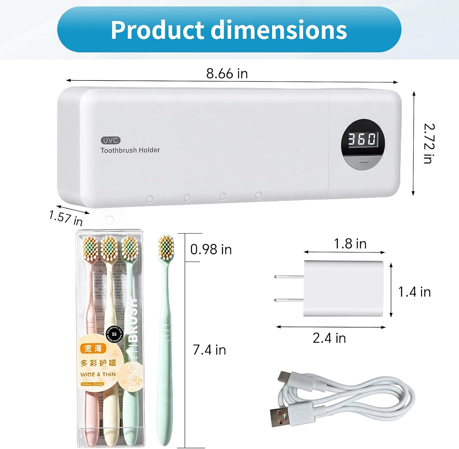 UV Toothbrush Sanitizer Holder w/Charger & 3 Premium Toothbrushes