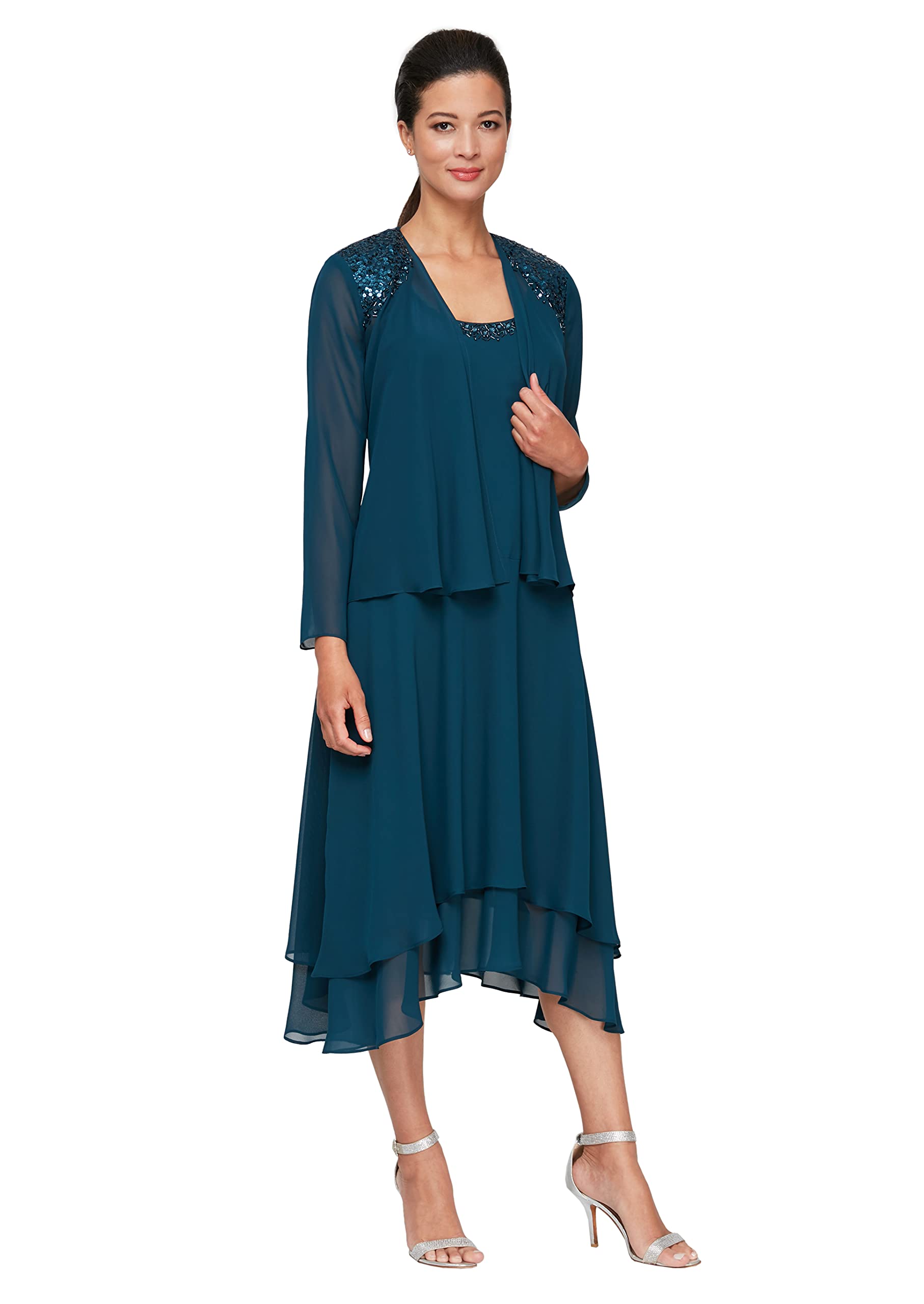 S.L. Fashions Women's Embellished Shoulder and Neck Jacket Dress Special Occasion, Mid Teal, 18