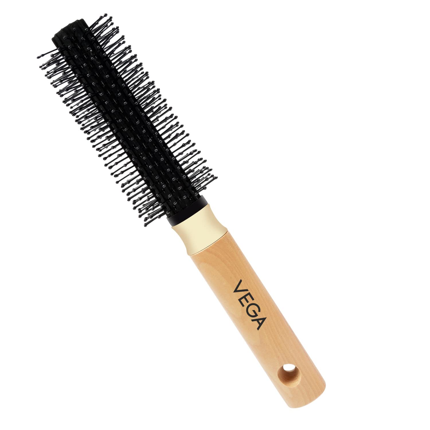 Vega Round and Roll Brush with Wooden Colored Handle and Black Colored Brush Head