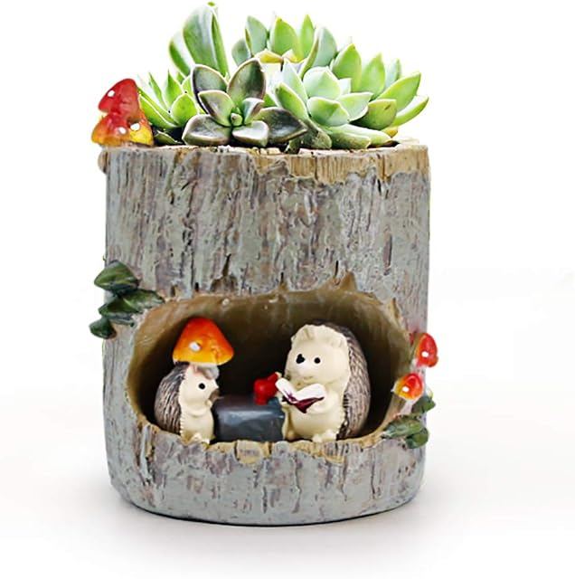 huking Cute Animal Plant Pots Mini Round Succulents Potted with Drainage Faux Resin Flower Pot Hedgehog Themed Home Indoor Office Decorative