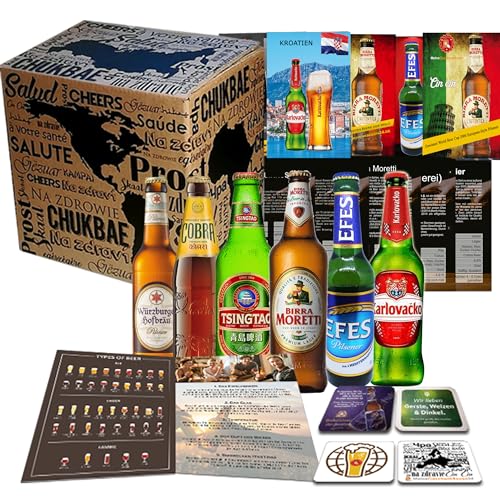 6x Biere der Welt von MGB24 + Geschenk für Mann + 4 Bierdeckel+ Produktbeschreibungen