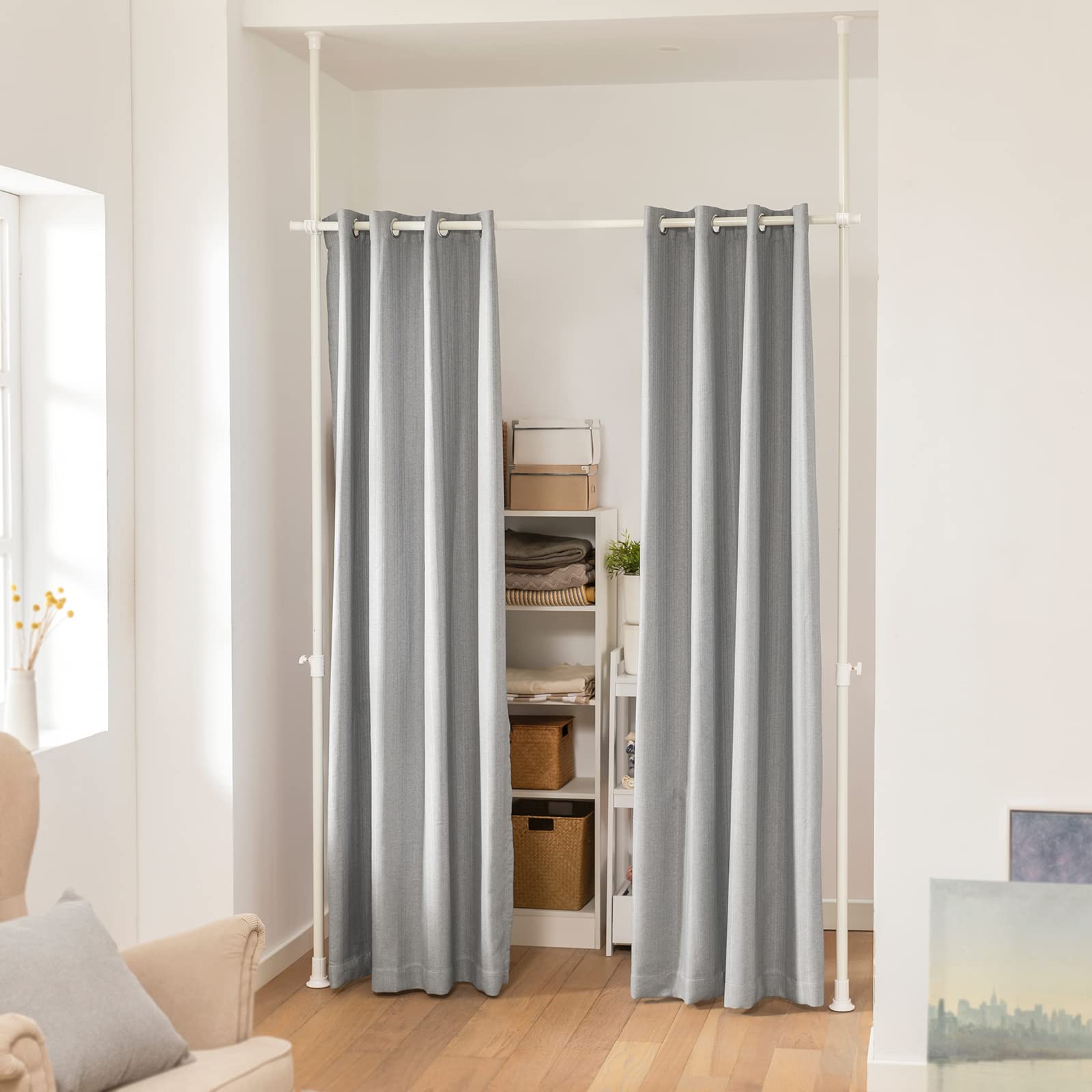 SoBuy Divisorio regolabile con tende oscuranti | Separatore ambienti con aste metalliche per camera e soggiorno, grigio chiaro KLS12-HG