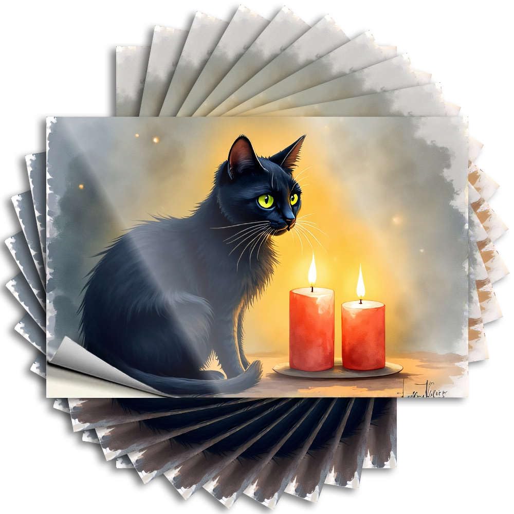 Sticker - Mini Bottle A Black Cat with Glowing Eyes Sits Beside Two Lit Candles. for Motorcross Bath Decor(12X18CM)