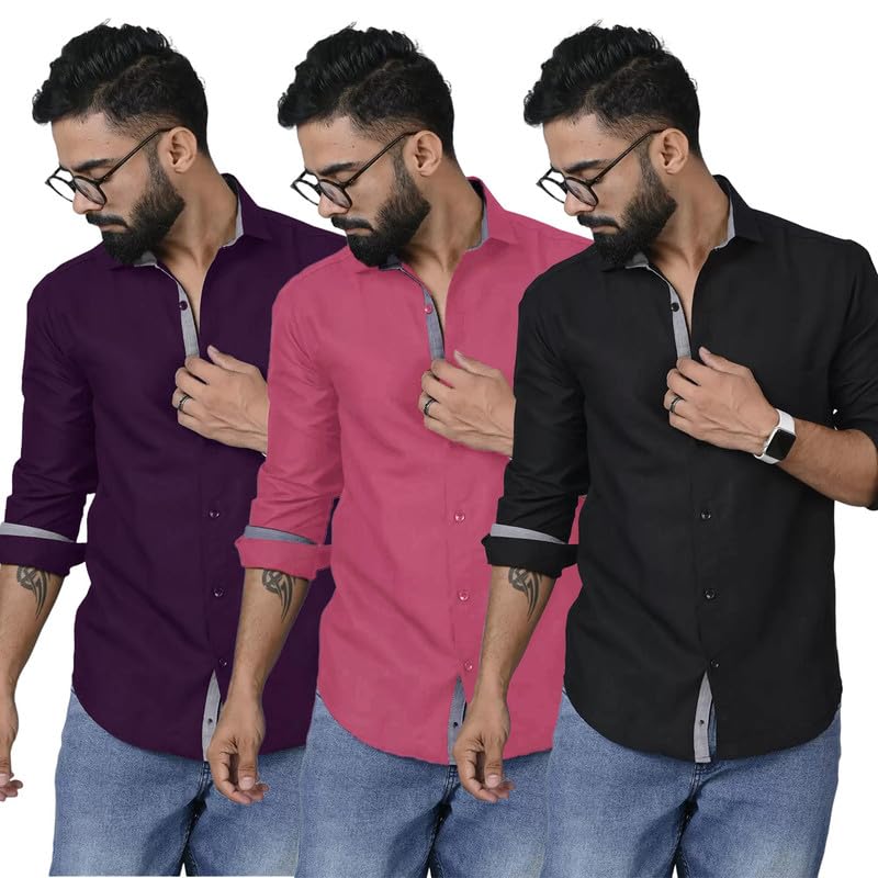 Image of Pinkmint Combo Shirt for Men Cotton Spraed Collar Long Sleeve Formal Shirt (Pack of 2)