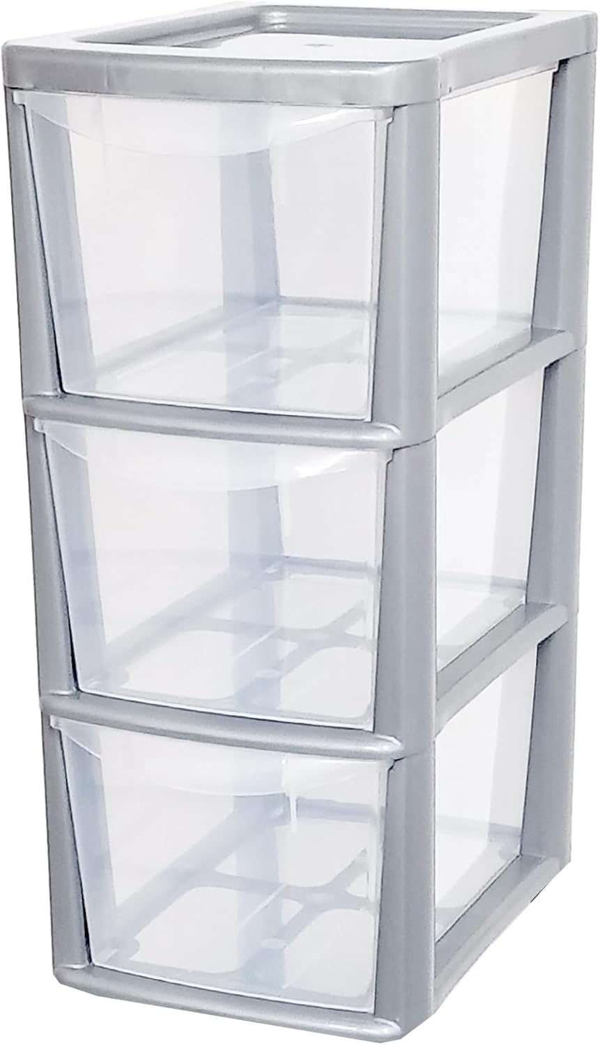 SIDSONS - Medium Rattan Effect Drawer Storage Unit Plastic Tower with Spacious Drawers for Home Office Bedroom Living Room Organisation Durable Stylish Design (Silver/Clear, 3 Tier) — image 1