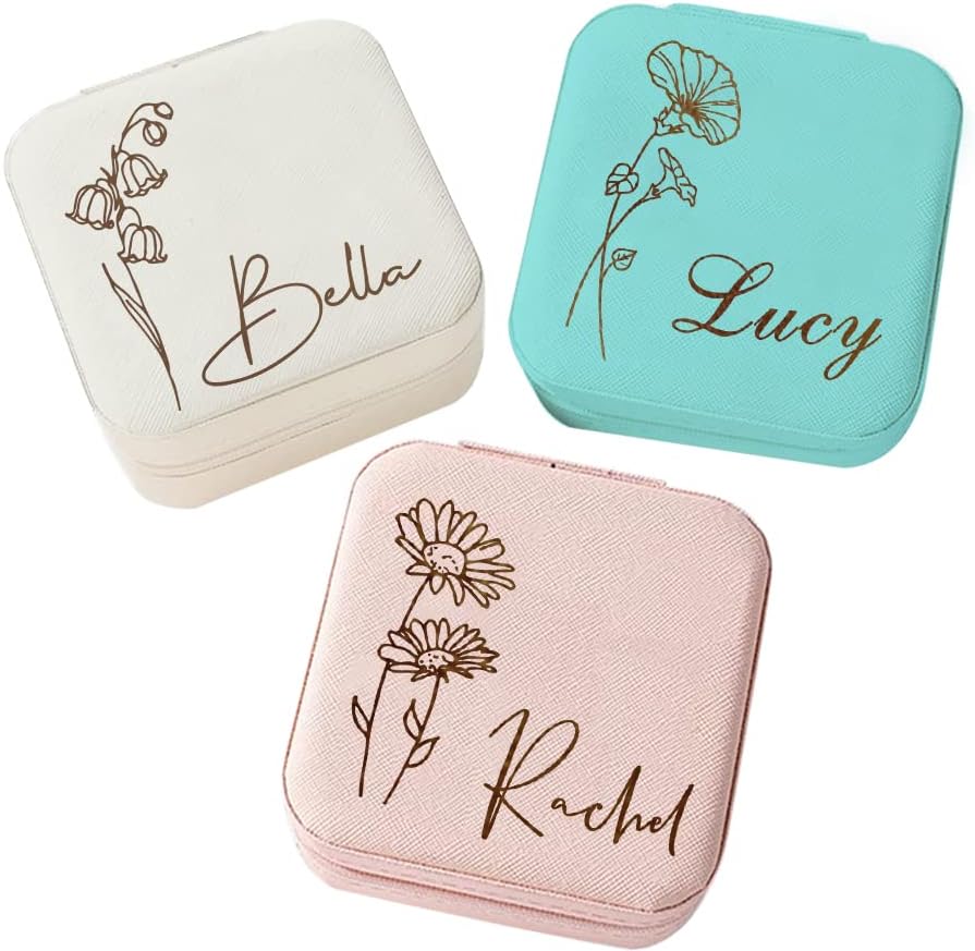 Corissy Personalized Jewelry Box for Women, Custom Travel Jewelry Case with Name and Birth Flower, Leather Jewelry Box for Rings, Earrings, Necklaces, Personalized Gifts for Women