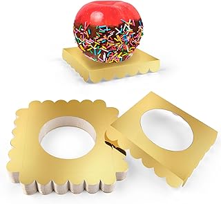 50 PCS Candy Apple Box Base,Golden Cardboard Taffy Apple Inserts, Square Caramel Apple Wraps Tray, Clearly DIY candy apple Holder, Cake Pop Chocolate Circle Tray for Wedding Party Festival