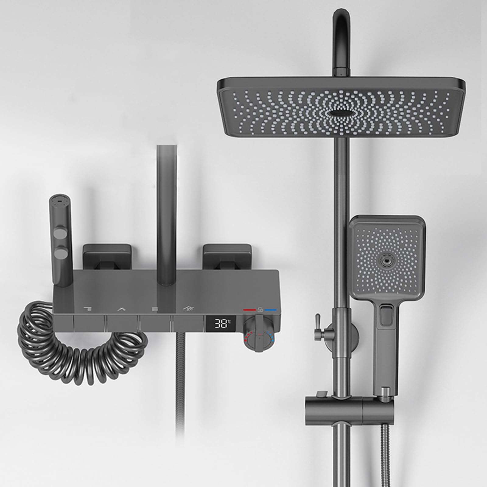 Pommeau de douche à effet pluie 30 x 20 cm avec mitigeur thermostatique numérique mural
