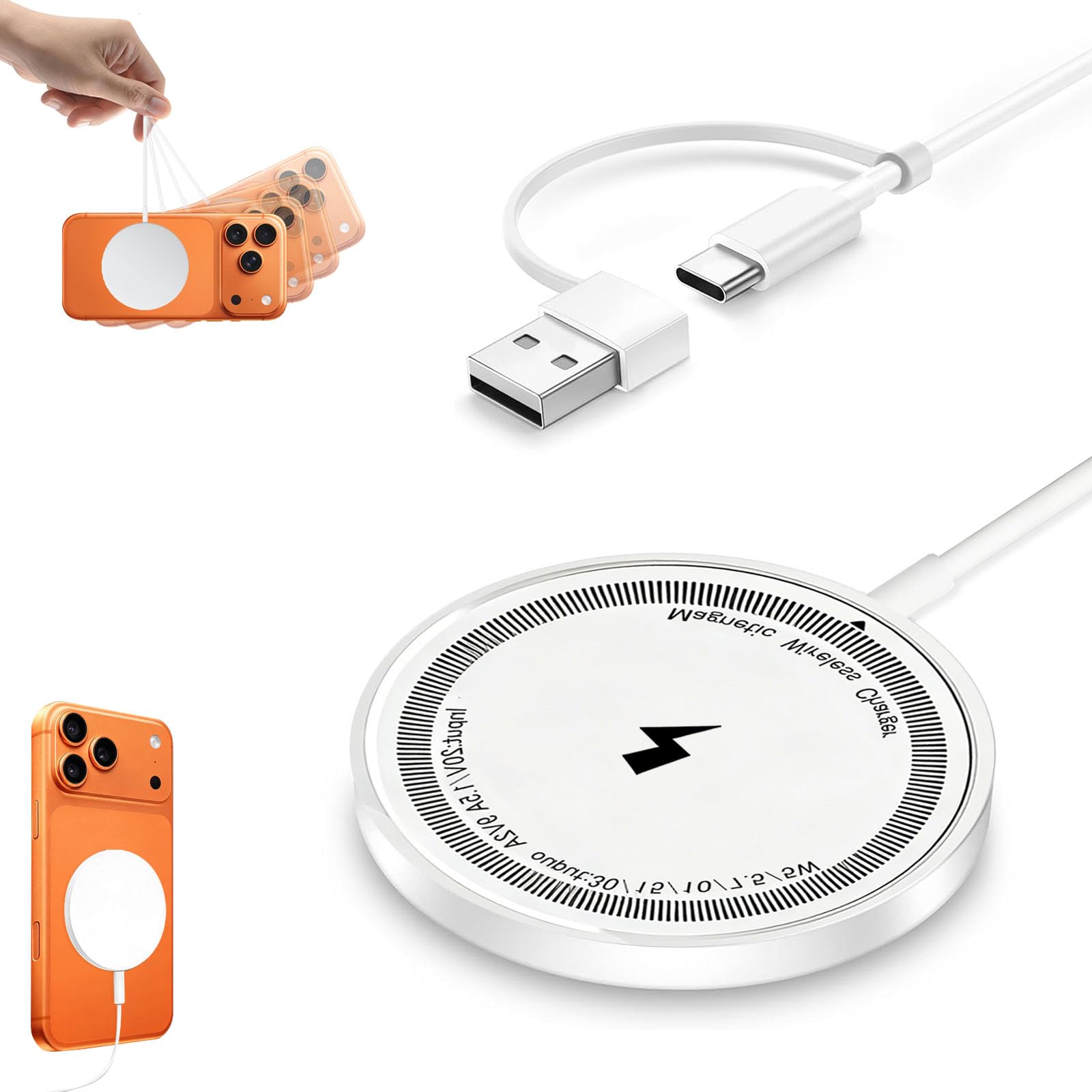 ワイヤレス充電器 マグネット式 Phone17/16/15/14/13/12シリーズに対応 マグセーフ 急速 超薄型 無線充電器 超軽量 15W急速 強力吸着 置くだけ充電 デュアルUSB-A/C入力ポート 1m付き 白