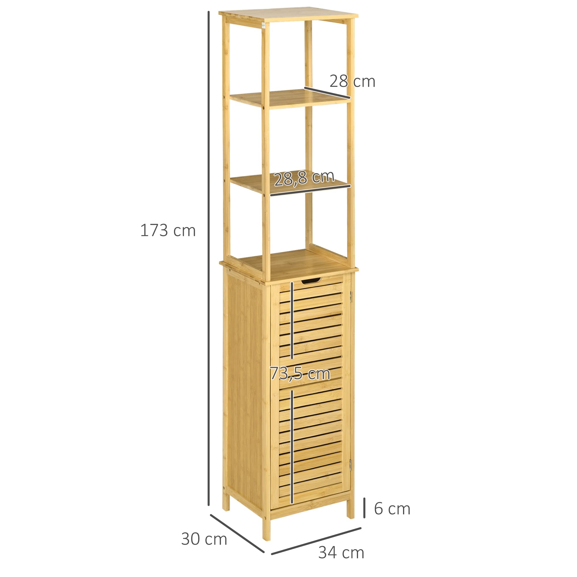 kleankin Estantería de Baño de Bambú Armario Alto para Baño con 3 Estantes y 1 Puerta Mueble Columna de Almacenaje para Salón 34x30x173 cm Natural