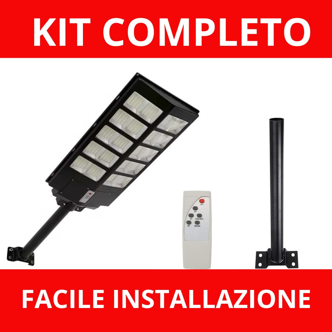 DE ROSA SHOP Lampione LED Esterno con Pannello Solare 1200W, 6500K Bianco Freddo e Sensore Di Movimento 18000mAh, Telecomando + Staffa IP65 Impermeabile