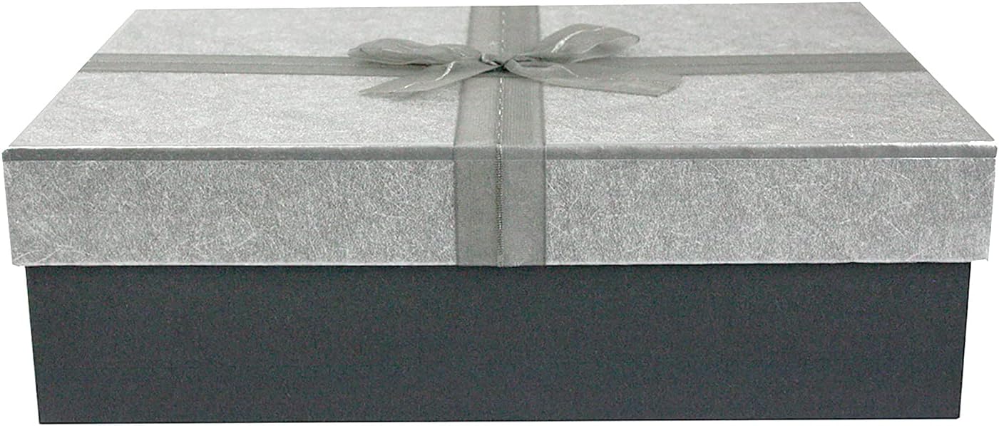 Emartbuy Rigid Gift Box, 33.5 x 25 x 11.5 cm, Dark Grey Box with Silver Lid, Brown Interior and Grey Fabric Decorative Ribbon