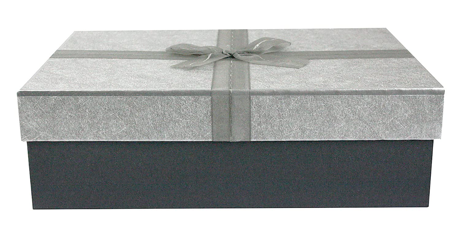 EmartbuyRigid Gift Box, 33.5 x 25 x 11.5 cm, Dark Grey Box with Silver Lid, Brown Interior and Grey Fabric Decorative Ribbon