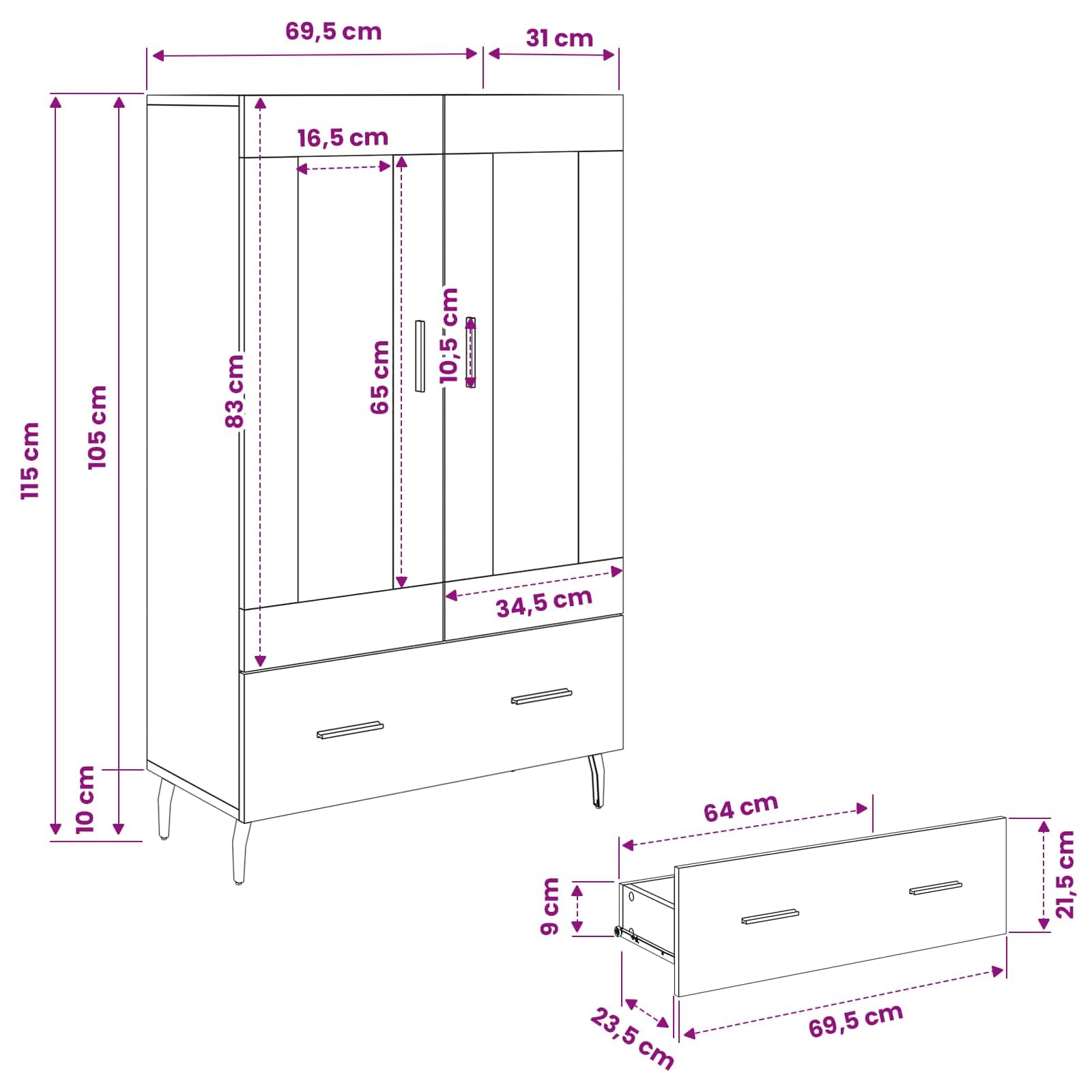 vidaXL Haut Armoire avec tiroir Chêne Artisanal 69,5 x 31 x 115 cm, Salon Moderne, Buffet Rectangulaire, Meuble Bois, Espace Ample, Legs Métalliques, Pratique et Chic