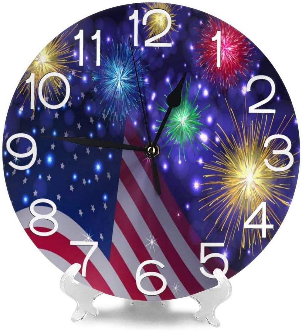 American Flag Celebration Fireworks Independence Day Silent Round Wall Clock, 9.84 Inches Battery Operated Easy to Read for Home, Office, School Decor