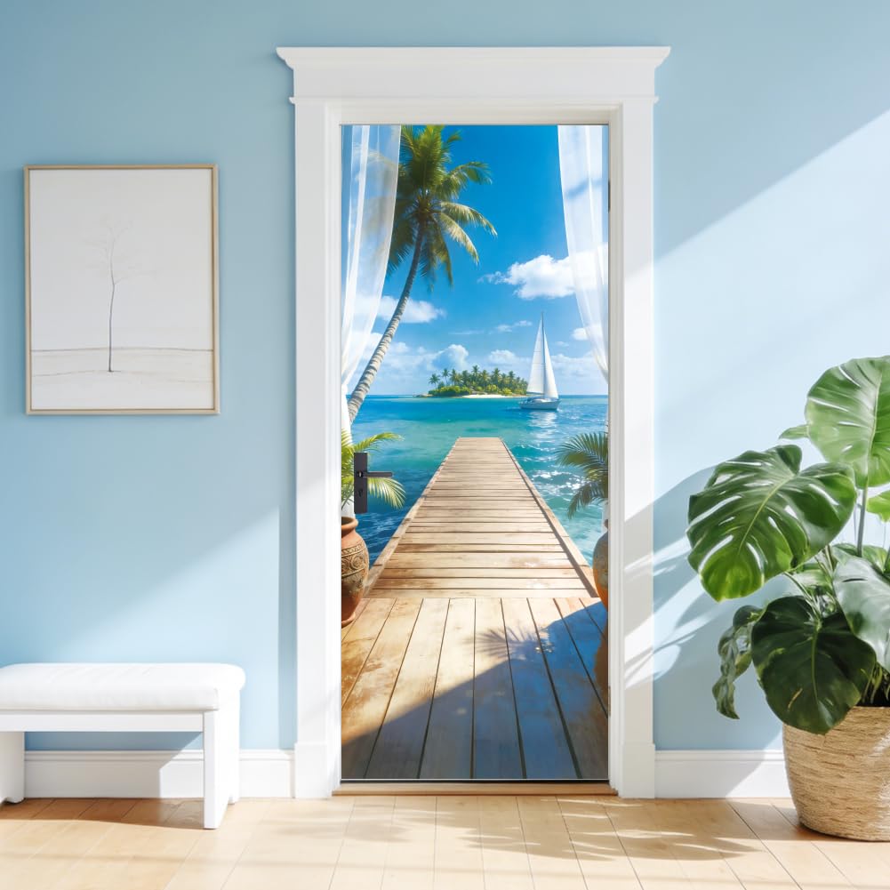arricraft 2 Pcs 3D Self-Adhesive Door Sticker, 31.5"x78.7" Sailboa Coconut Trees Islands Pattern Door Decorations Door Murals Stickers PVC Removable Wallpaper Decoration for Bedrooms ​Living Room