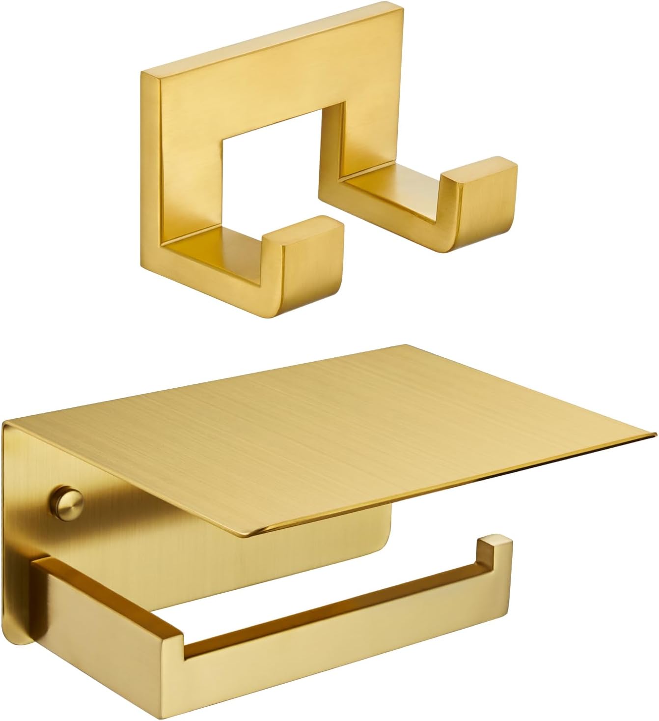 Double Bath Towel Hook and Toilet Paper Holder with Shelf Bundle, APLusee 304 Stainless Steel Wall Mounted Bathroom Accessories Brushed Gold
