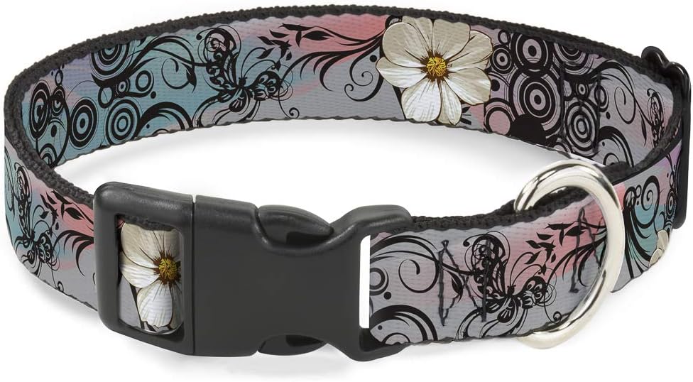Buckle-Down Plastic Clip Collar - Flowers w/Filigree Pink - 1.5" Wide - Fits 13-18" Neck - Small