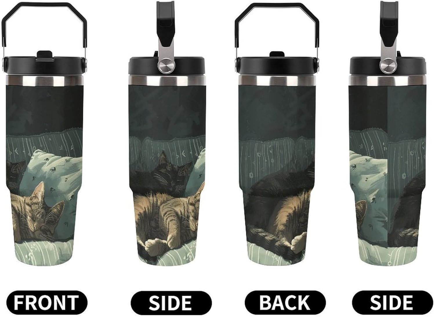 30oz Insulated Tumblers with Top Handle, Stainless Steel Cat Lying on The Sofa Car Cup with Straw for Gift, Leak-Proof Double Wall Vacuum Travel Mug, Personalized Water Bottles Black