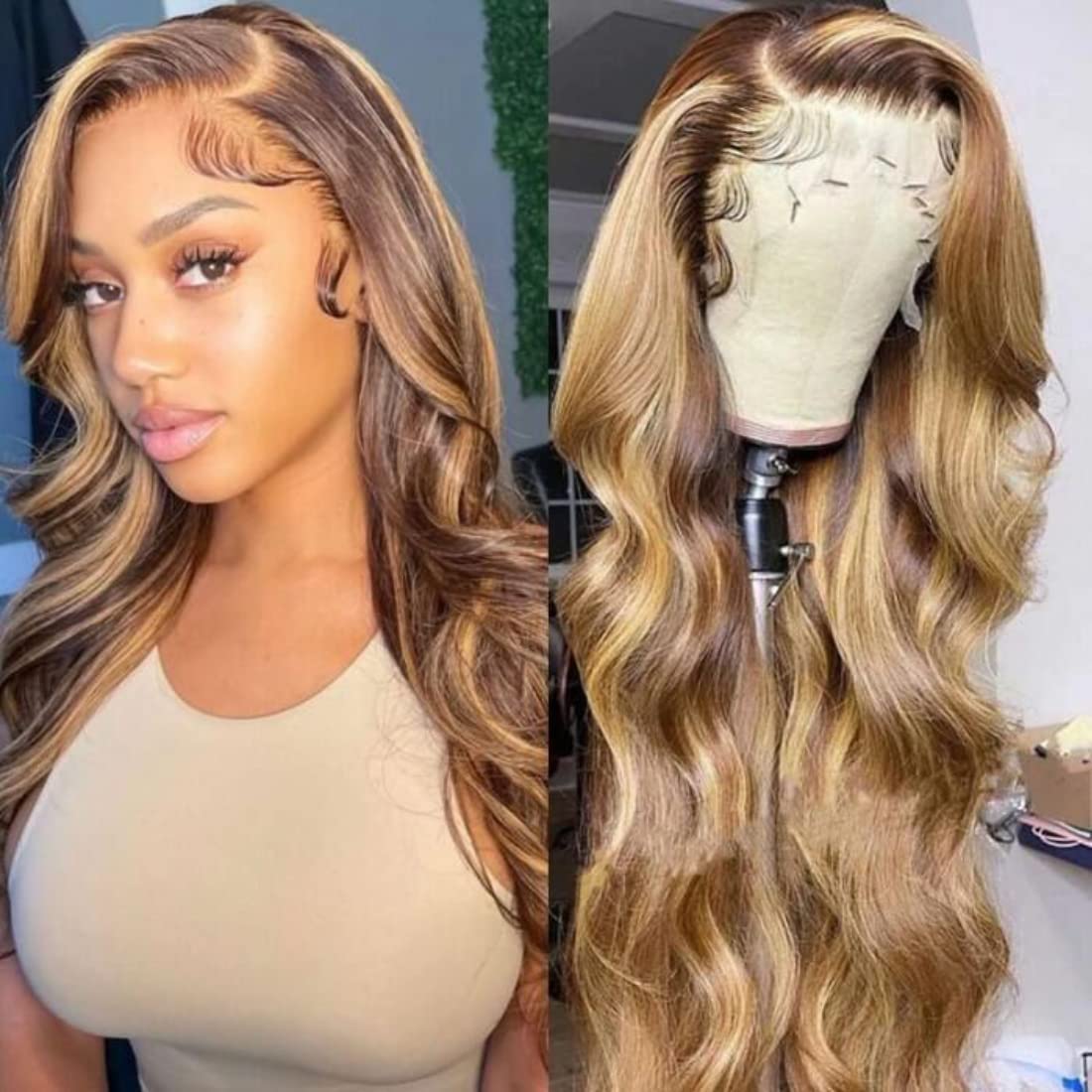 12A Ombre Highlight 13x4 Lace Front Human Hair Wig 150% Density Body Wave Choclate Brown With Blonde Highlights Color, Brazilian Remy Hair Lace Frontal Wig Pre Plucked with Baby Hair for Women 28inch