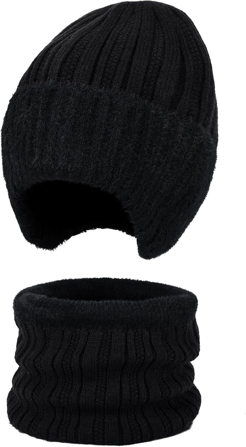 Winter Beanie Scarf Set Fleece Line Outdoor Warm Thermal Knit Hat for Men Women Ski Stocking Cuffed Cap