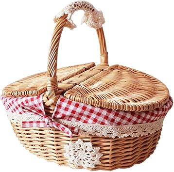Rattan Outdoor Picnic Basket Country Style Wicker Hamper with Lid and Handle Quality Liners Food Fruit Storage Basket, 251826cm, Red
