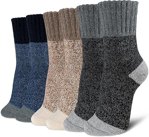 Maedery Womens Merino Wool Socks Thick Knit Warm Cushion Wool-Socks-for-Women 3 Pack(Dark Grey/Brown/Blue/Multi(3 Pairs),US Size 5~9)