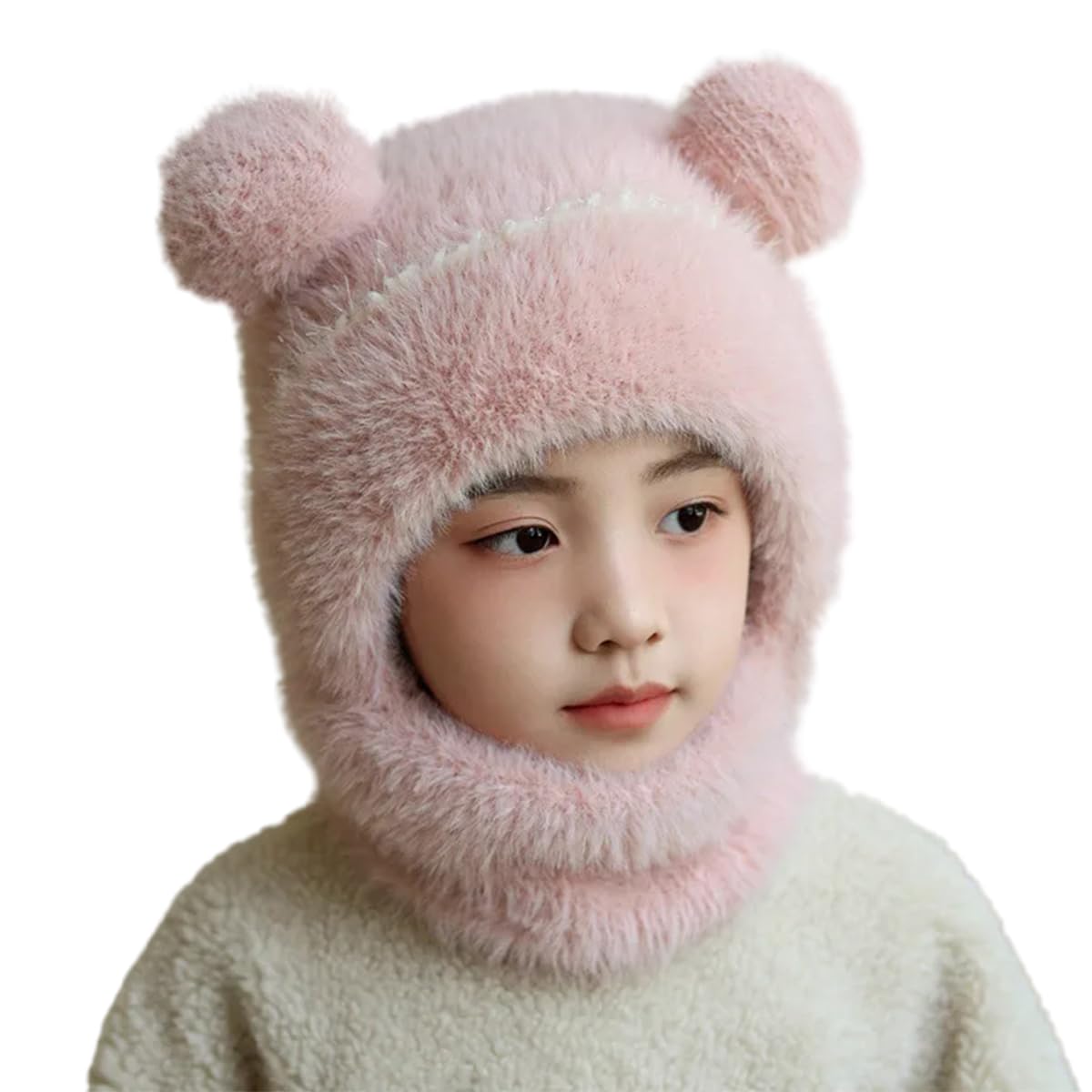 Queenbox Baby Balaclava Plush Hooded Hat, Mask Fuzzy Scarf Bear Ear Beanie Cap for Girl Boy, Pink