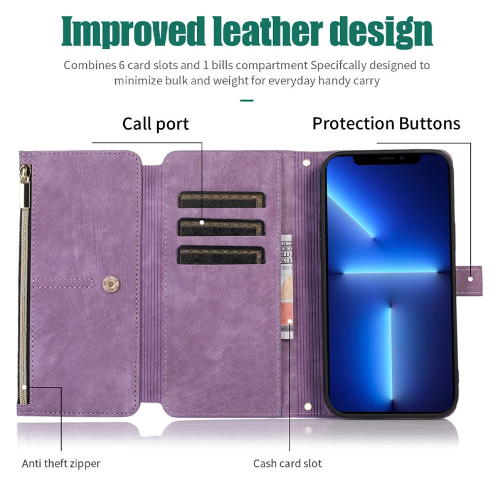 Funda de Cuero con Tapa y cordón Largo para iPhone 15 14 13 12 11 Pro MAX XS XR X SE 2022 8 7 Plus Funda con Cremallera para múltiples Tarjetas, Negro, para iPhone 7 (iPhone 8)