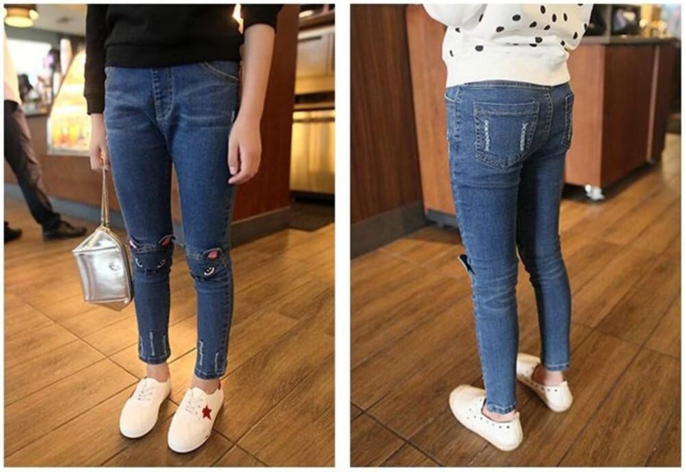 Pantalones de mezclilla ajustados para niñas grandes, con agujeros rasgados, color azul y gato