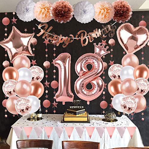 Image of 18th Birthday Decorations for Girls Rose Gold, Number 18 Birthday Balloons with Crown Heart Star Foil Balloons Pom Poms Happy Birthday Circle Dot Bunting Banner for 18th Girls Birthday Party Supplies