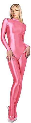 SOFSOT 200D Opaque Glossy One-Piece Swimsuit High Stretch Shiny Full Bodysuit Back Zipper Unitard - Large - Peach Pink