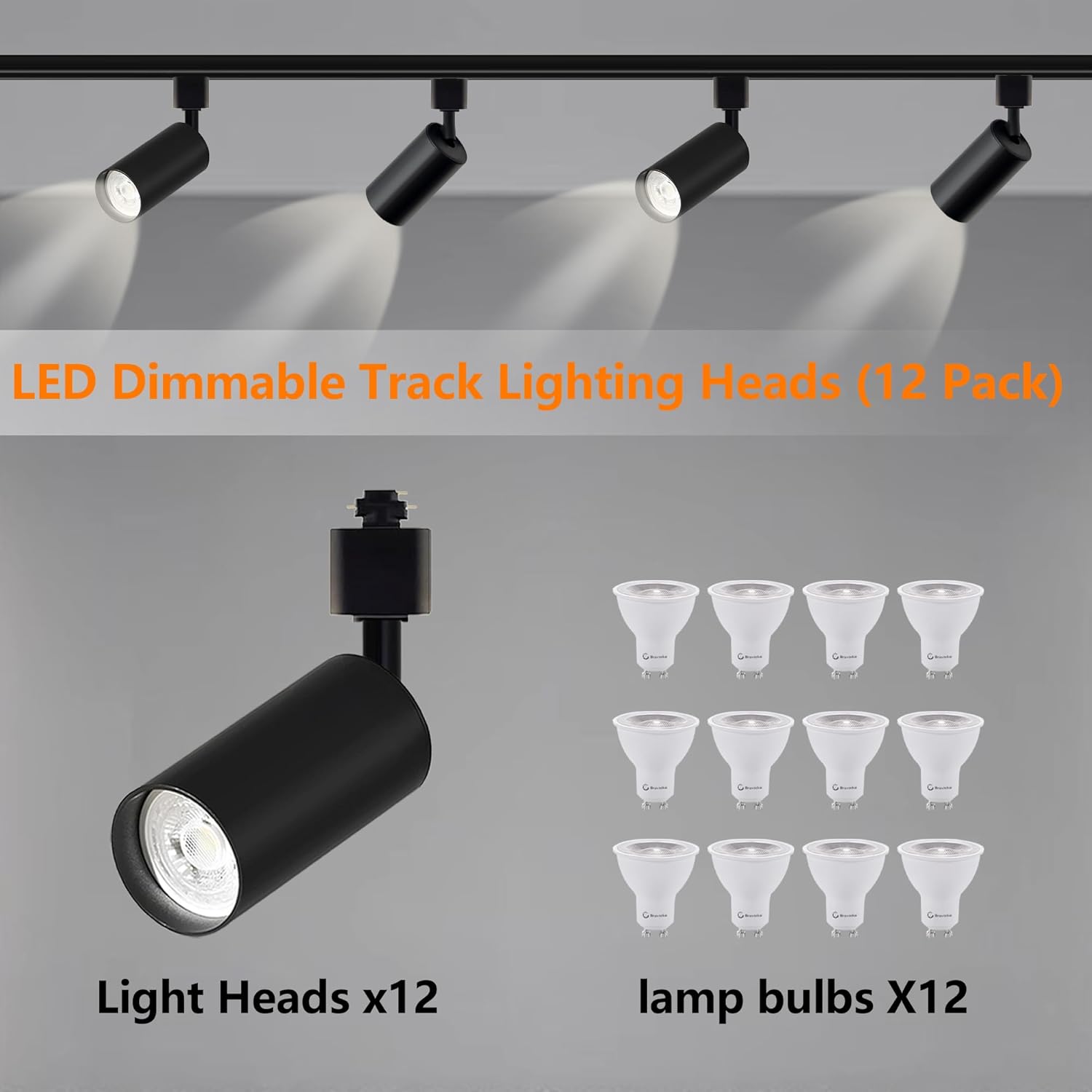 12PCS LED Black Track Lighting Heads (No Track Rails) with Replaceable GU10 Bulbs, 3000K Warm White Ceiling Spotlight Fixtures for Accent Lighting for Home, Store, Moblie Cart and Office