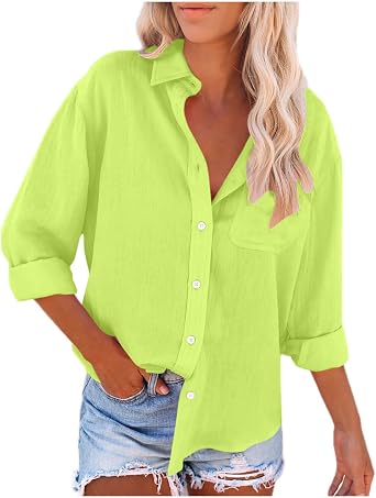 Womens Cotton Linen Button Down Shirts Dressy Casual 2024 Long Sleeve Collared Summer Tops Loose Work Office Blouses