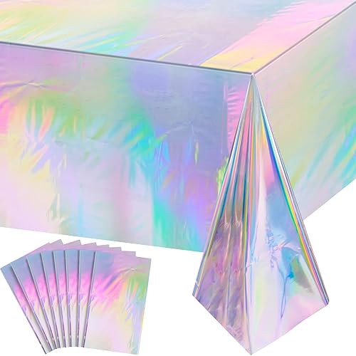 Paquete de 8 manteles de plástico iridiscente brillantes desechables con láser, manteles rectangulares holográficos de papel de aluminio, decoración