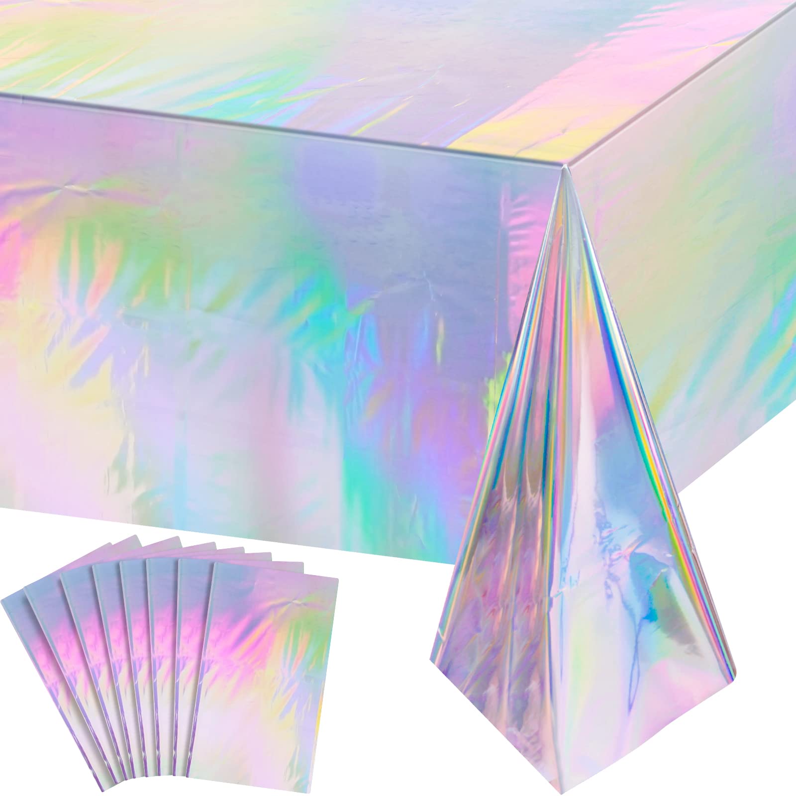8 Pack Iridescence Plastic Tablecloths Shiny Disposable Laser Rectangle Table Covers Holographic Foil Tablecloth Iridescent Party Decoration Birthday
