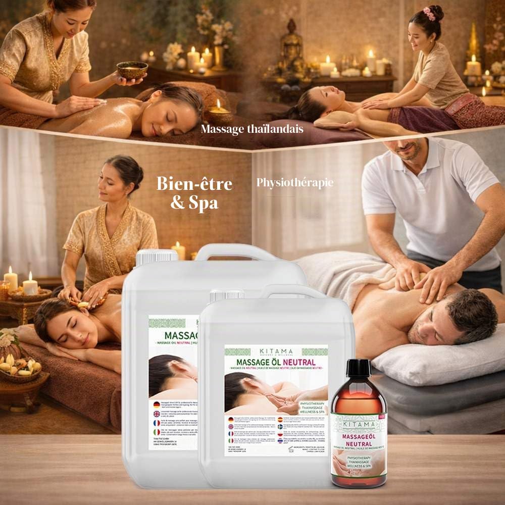 Kitama Huile de Massage Neutre 10L - Sans Parfum - Kiné, Spa & Massage Thaï | Sans parfum ni colorant, idéal pour allergiques. Pour massage thaï, kiné & spa. Glisse parfaite. Fabriqué en Allemagne.
