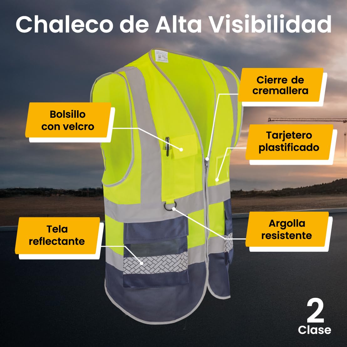 Chaleco de seguridad reflectante DTF (Alta Visibilidad de Clase 2) - Argolla para enganchar objetos - Bolsillos amplios