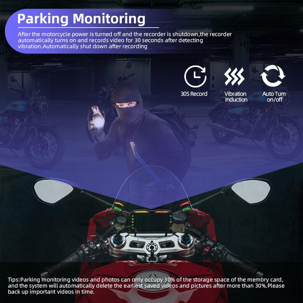 VSYSTO Moto Dash cam, 5G WiFi téléchargement vidéo haute vitesse, contrôleur de câble OLED, étanche starlight nuit vision HD 1080P avant et arrière caméra, affichage de la température