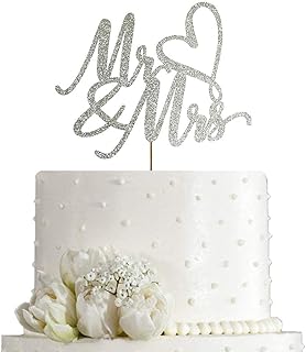 Mr and Mrs Cake Topper - Wedding, Engagement, Wedding Anniversary Cake Toppers Decorations, Double Sided Silver Glitter